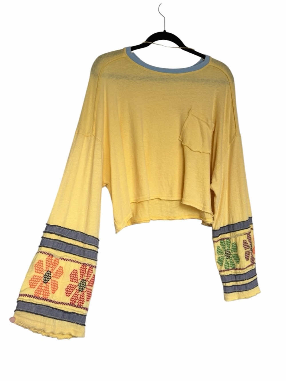 Free People Yellow Embroidered Bell Sleeve Cropped Top Size L – Boho Artwear